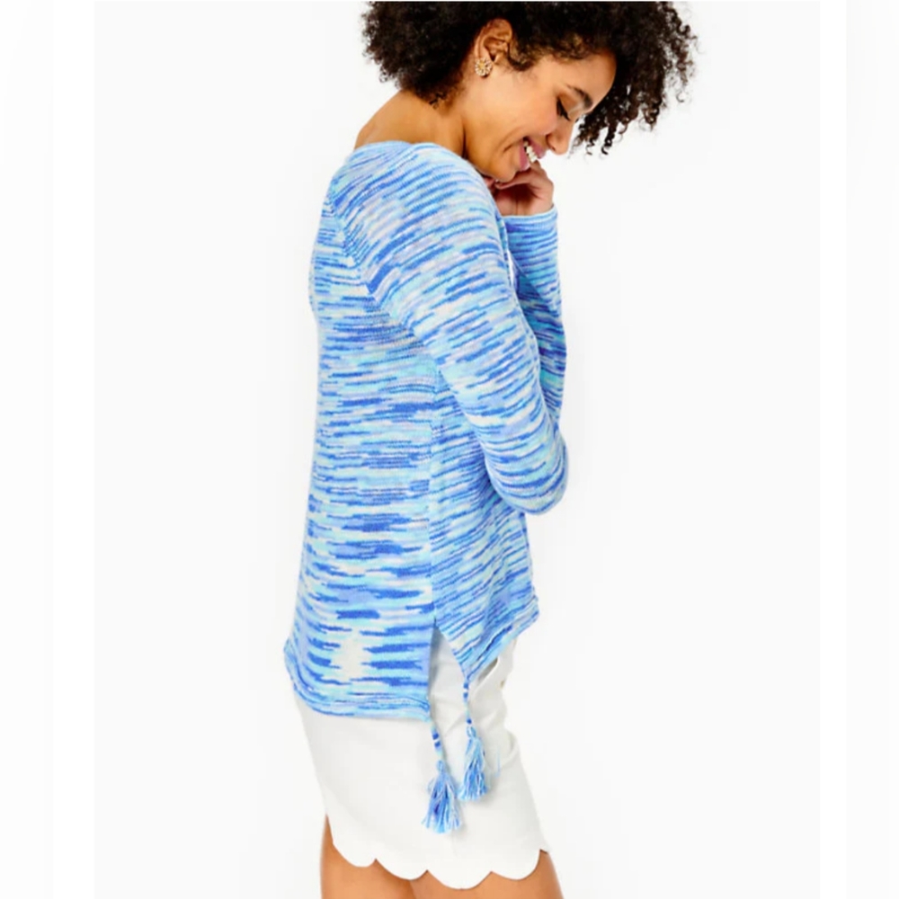 NWT V Neck Lilly Pulitzer Blue Space Dyed Tassel Sweater - Medium - Picture 3 of 7